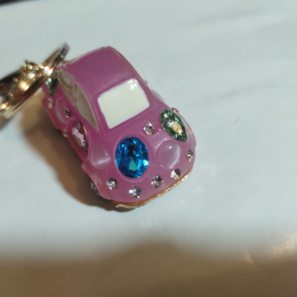 Sparkling Pink Car Keychain with Gemstones